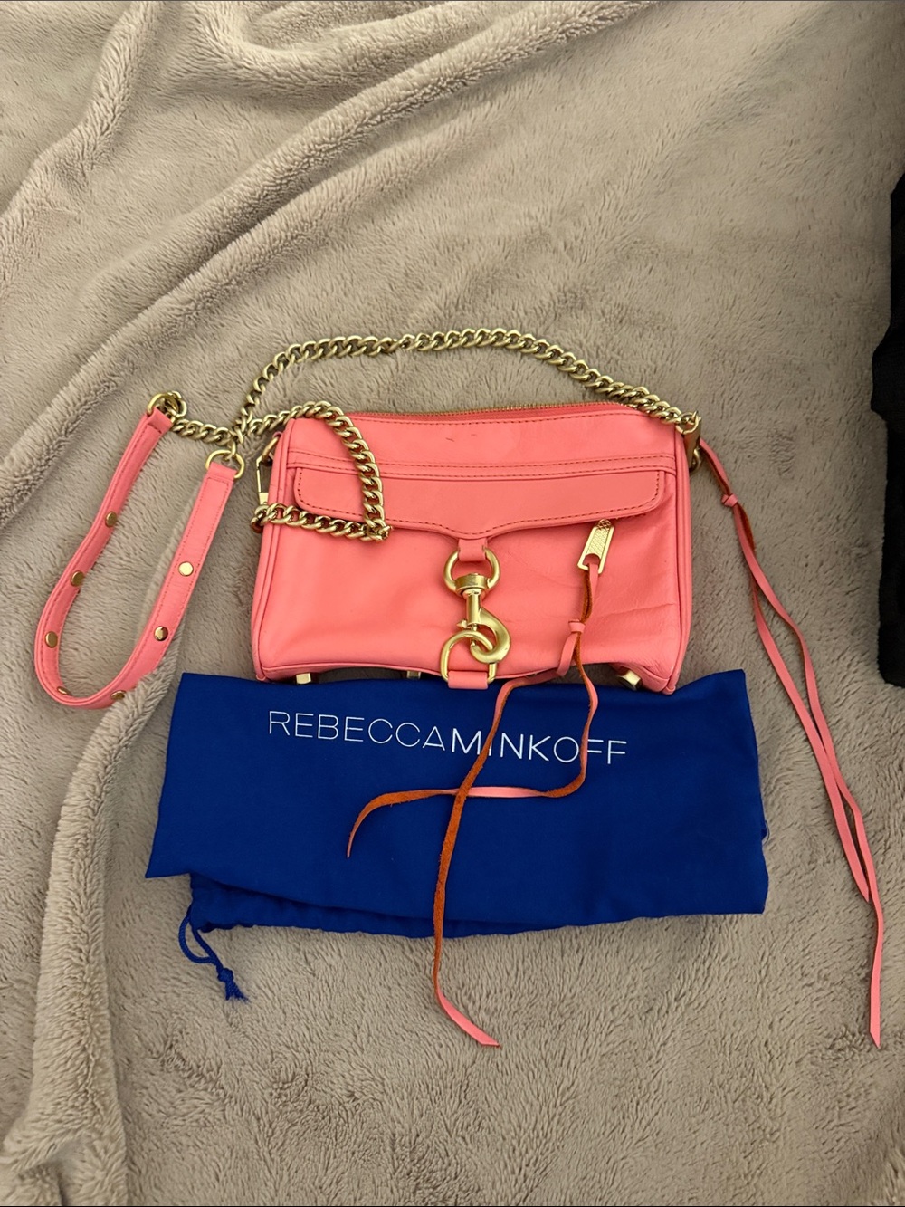 Rebecca Minkoff Coral Pink Leather Mini Crossbody with Gold Chain